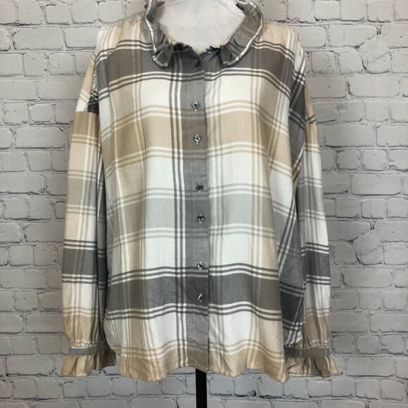 Ann Taylor Tops - NWT Ann Taylor Gray Tan Plaid Buttondown Shirt Size XL